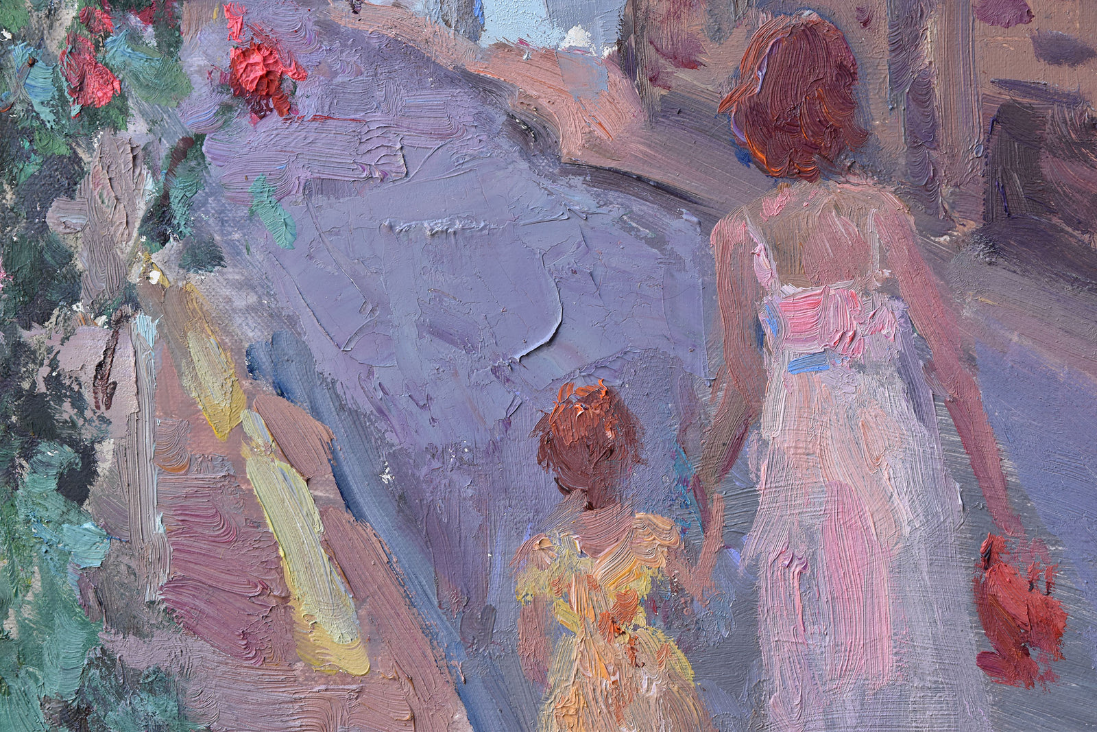 Oksana-Johnson-oil-painting-14x11-inches-Normandy-France-woman-child-walking-old-town-flowers