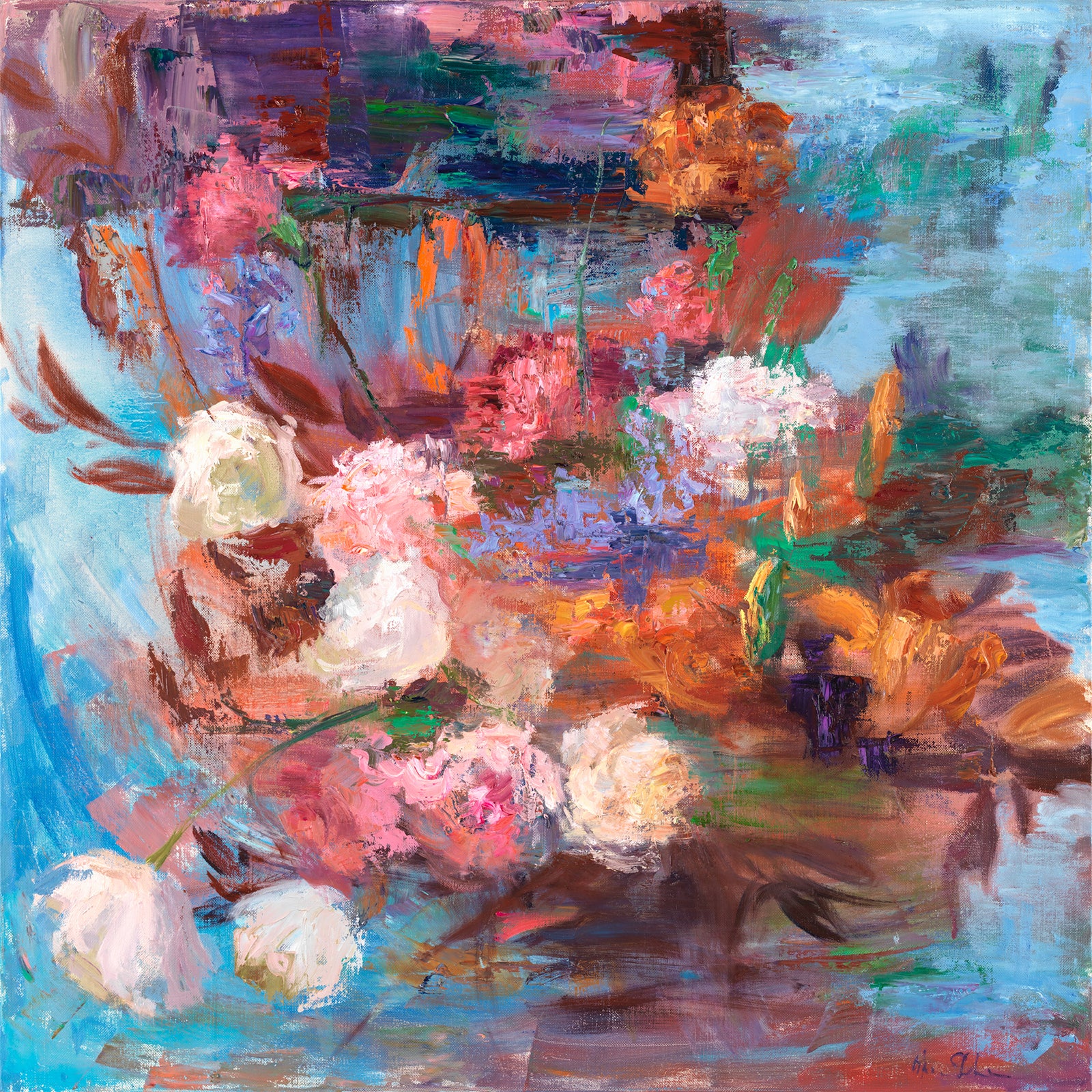 Oksana_OrangeBouquet_ItalianSilkScarf_Orange_90x90cm_OksanaFineArtDesign_GeorgetteSilk_A