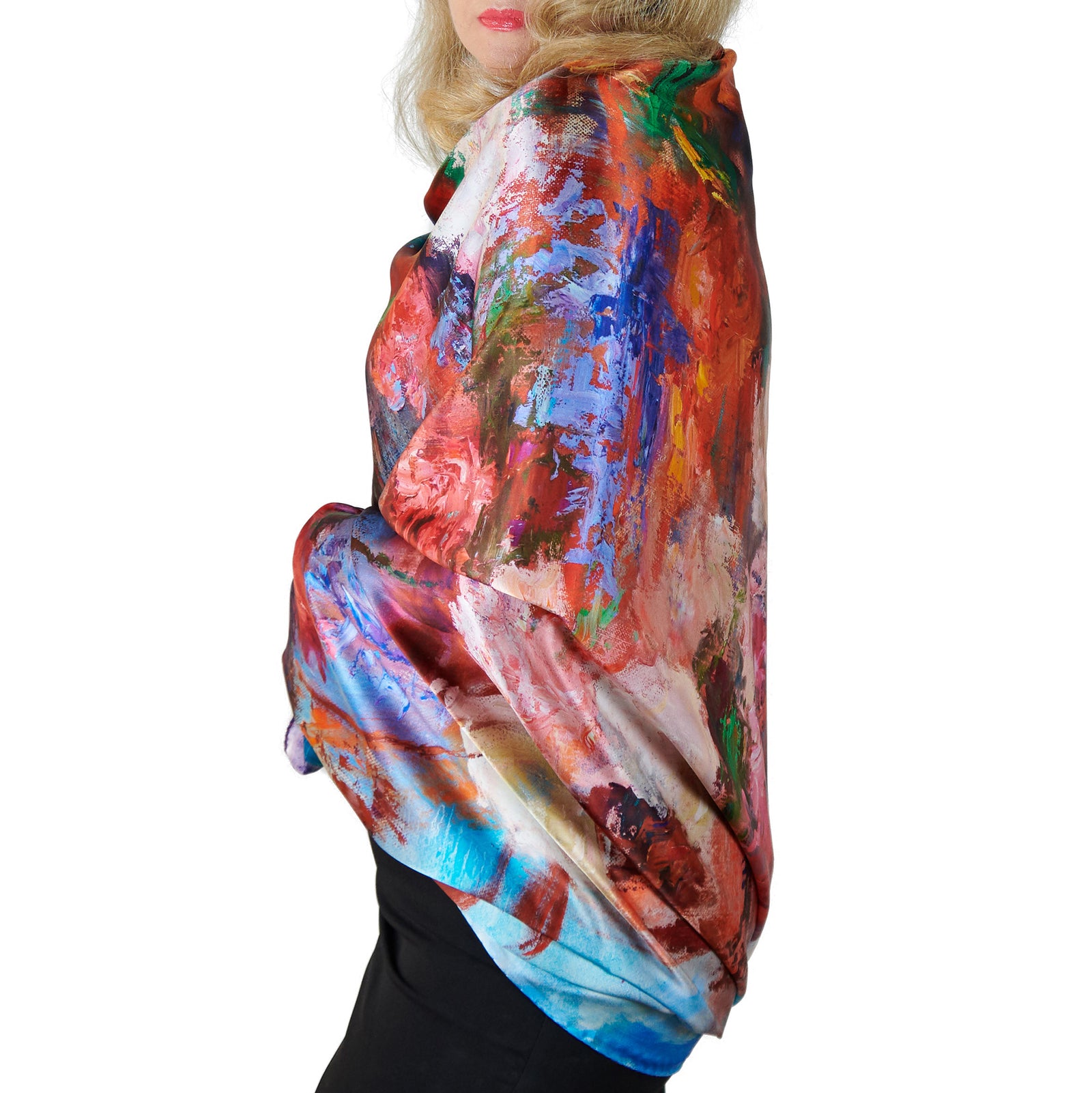 Oksana_OrangeBouquet_ItalianSilkScarf_Orange_110x110cm_OksanaFineArtDesign_1